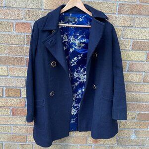 Vintage 1998 Flippa K Floral Print Pea Coat Small Navy Blue